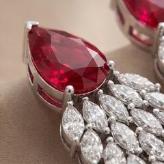 6.38 CT Ruby & Diamond Pear-Cap Marquise Leaf Chandelier Earrings