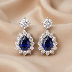 8.06 CT Pear Sapphire Halo Drop Earrings