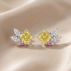 4.88 CT Yellow Cushion Diamond Cluster Stud Earrings with Pink Sapphire Accent