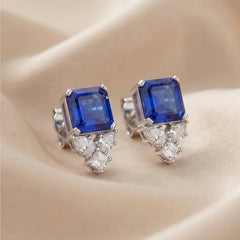 4.6 CT Emerald-cut Sapphire & Diamond Emerald-Cut Floral Accent Stud Earrings