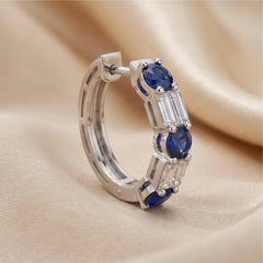 2.48 CT Round Sapphire & Baguette Diamond Huggie Hoop Earrings
