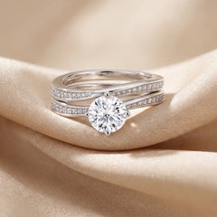 1.32 CT Round Solitaire Wave Pavé Band Bridal Set