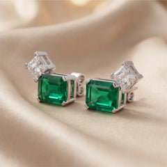 4.2 CT Emerald & Princess Diamond Two-Stone Stud Earrings