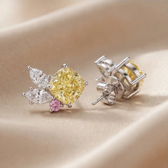 4.88 CT Yellow Cushion Diamond Cluster Stud Earrings with Pink Sapphire Accent