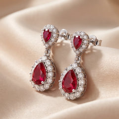 3.03 CT Ruby & Diamond Pear Halo Drop Earrings