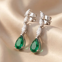 2.7 CT Pear Emerald & Marquise Diamond Drop Earrings