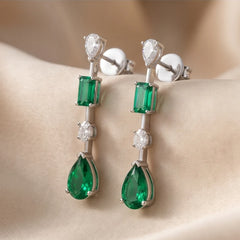 3.24 CT Multi Shape Emerald & Diamond Linear Drop Earrings