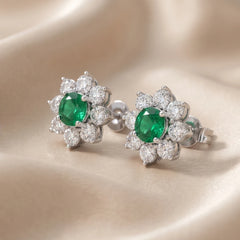 6.6 CT Emerald & Diamond Round Flower Halo Stud Earrings