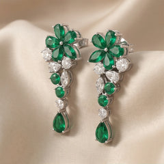8.16 CT Multi Shape Emerald & Diamond Floral Cascading Drop Earrings