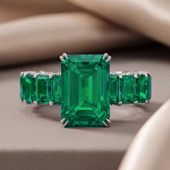 13.88 CT Emerald-Cut Green Emerald Ring with Ruby Shank
