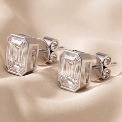 1 CT Emerald-cut Diamond Bezel Solitaire Stud Earrings