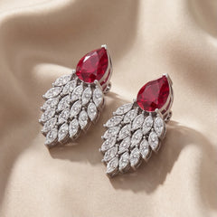 6.38 CT Ruby & Diamond Pear-Cap Marquise Leaf Chandelier Earrings