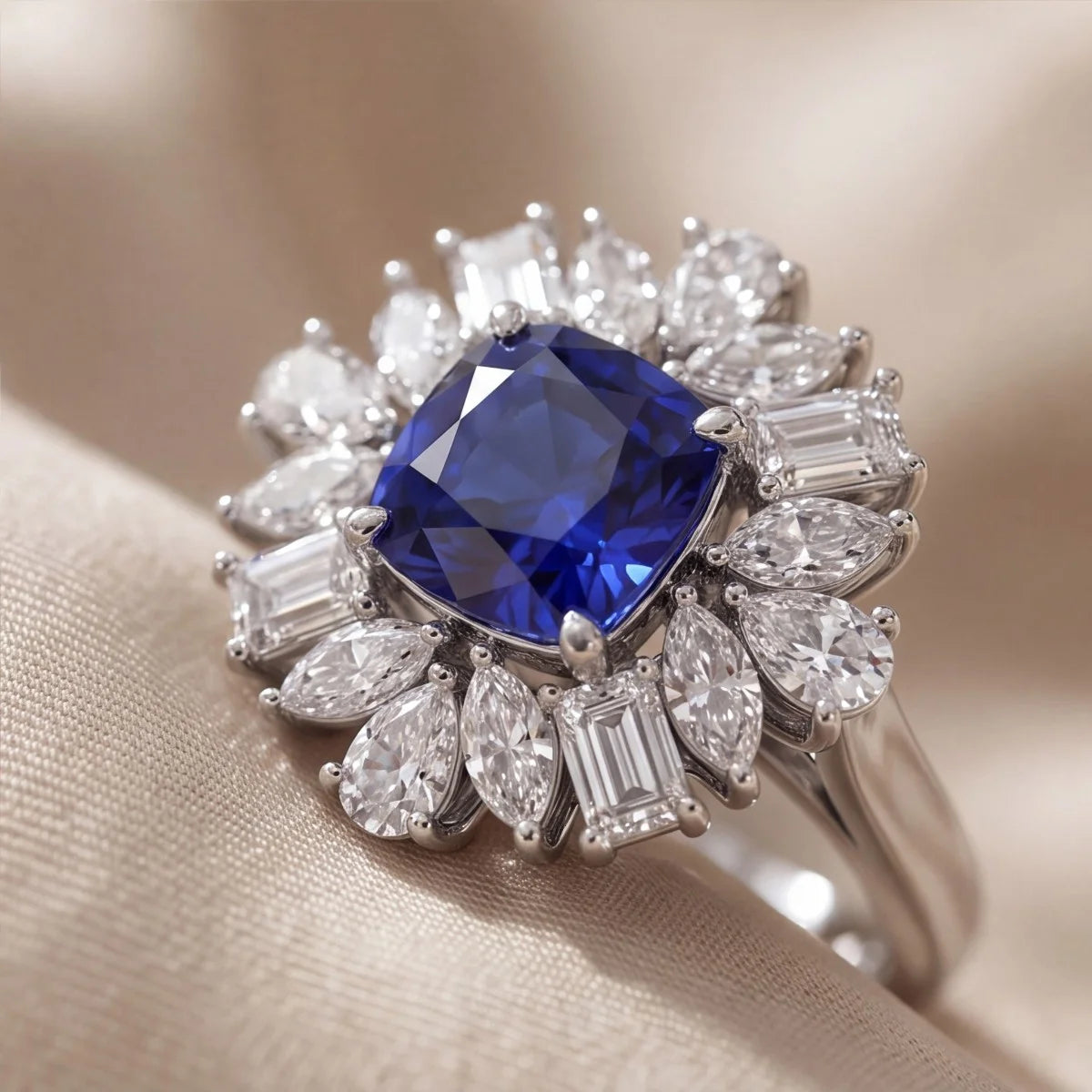 4.70 CT Cushion Blue Sapphire Multi Shape Sunburst Halo Ring