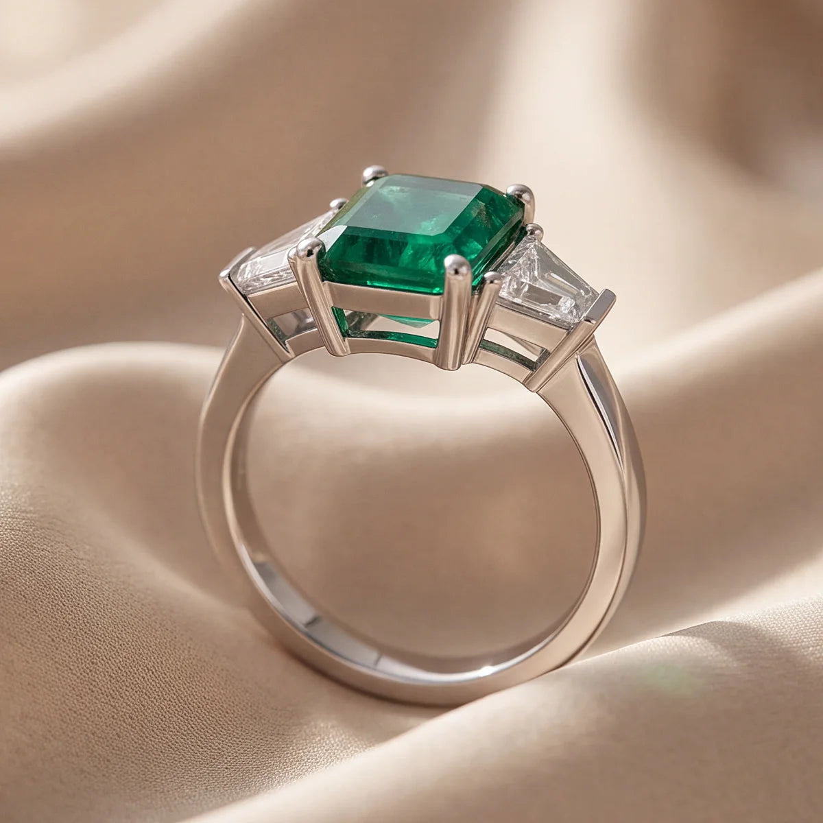 2.70 CT Emerald-cut Green Emerald & Taper Three Stone Ring
