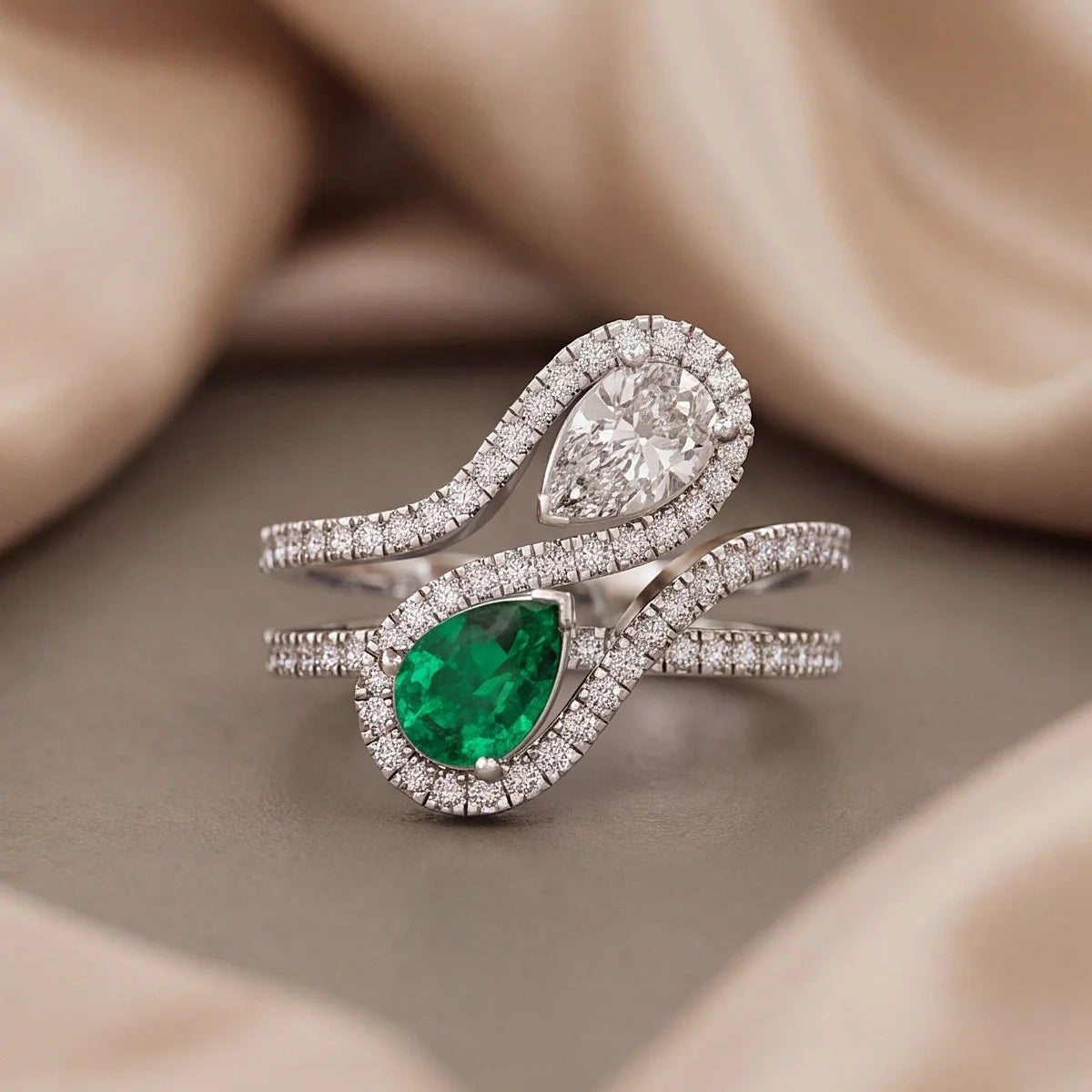 1.87 CT Pear Green Emerald Halo Bypass Ring