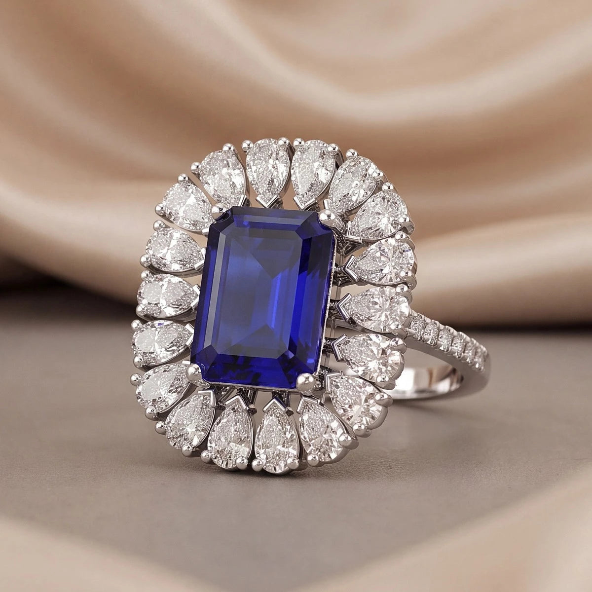 4.30 CT Emerald-cut Sapphire & Pear Diamond Halo Ring