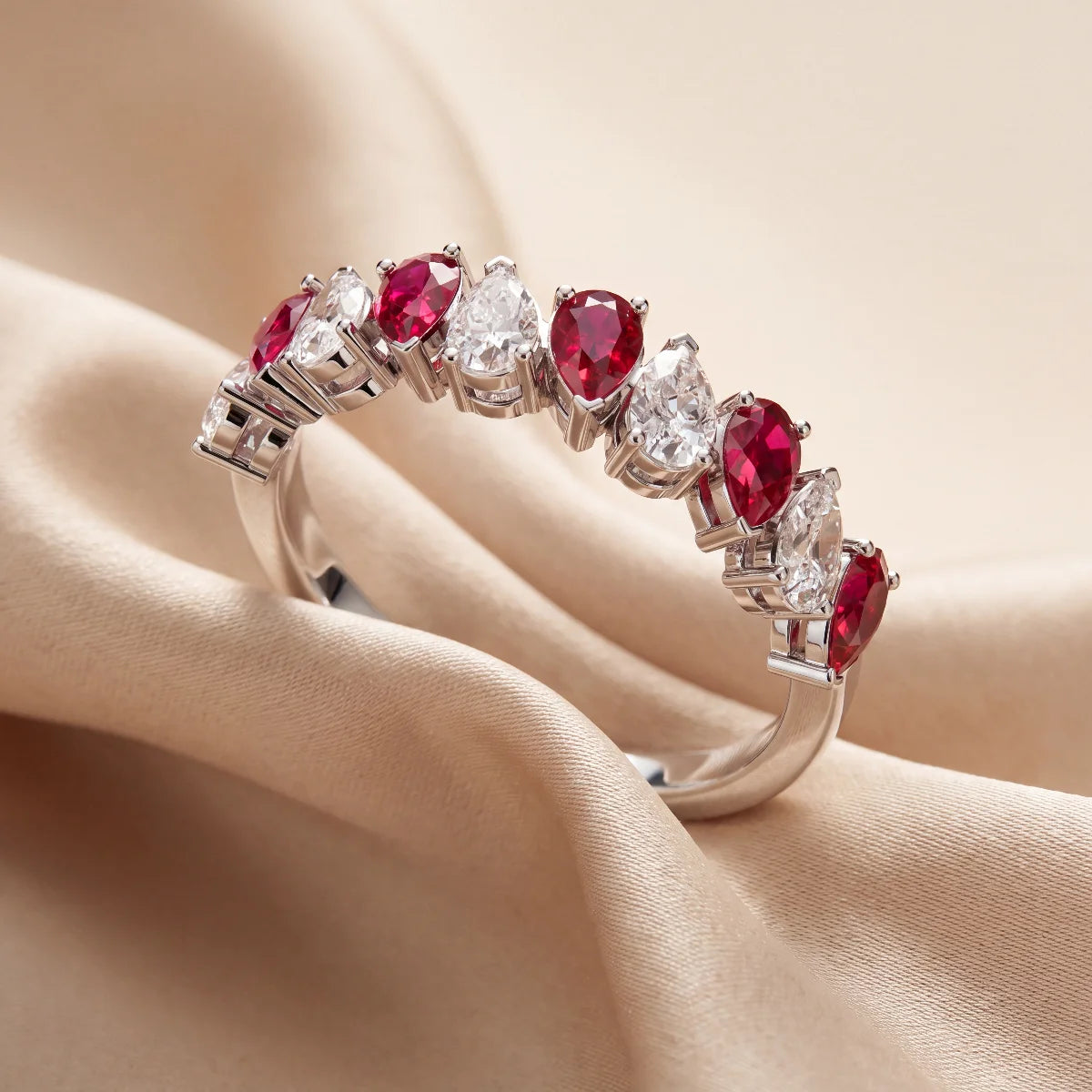 1.20 CT Pear Ruby & Diamond Half Eternity Ring