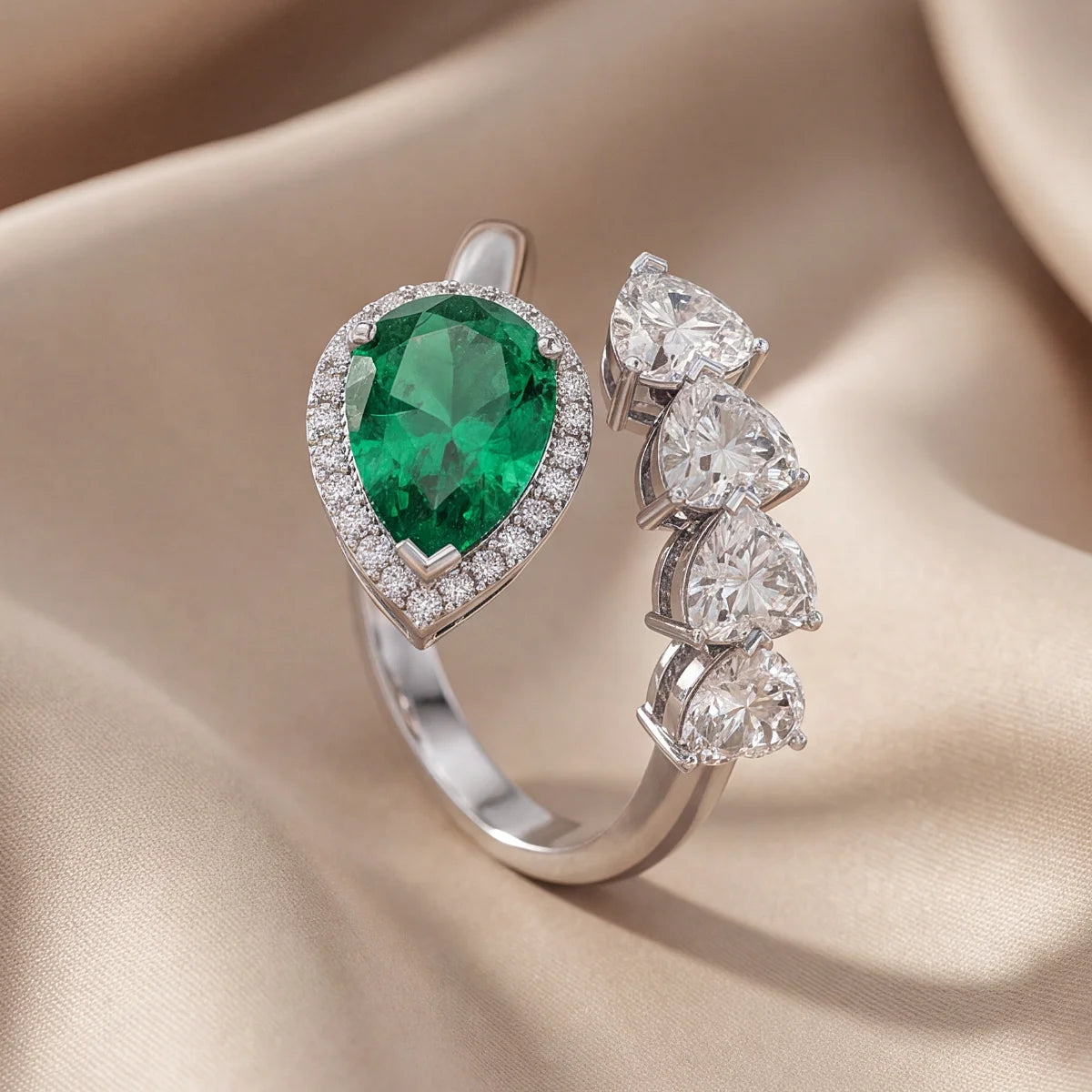 5.16 CT Pear Green Emerald & Heart Open Ring