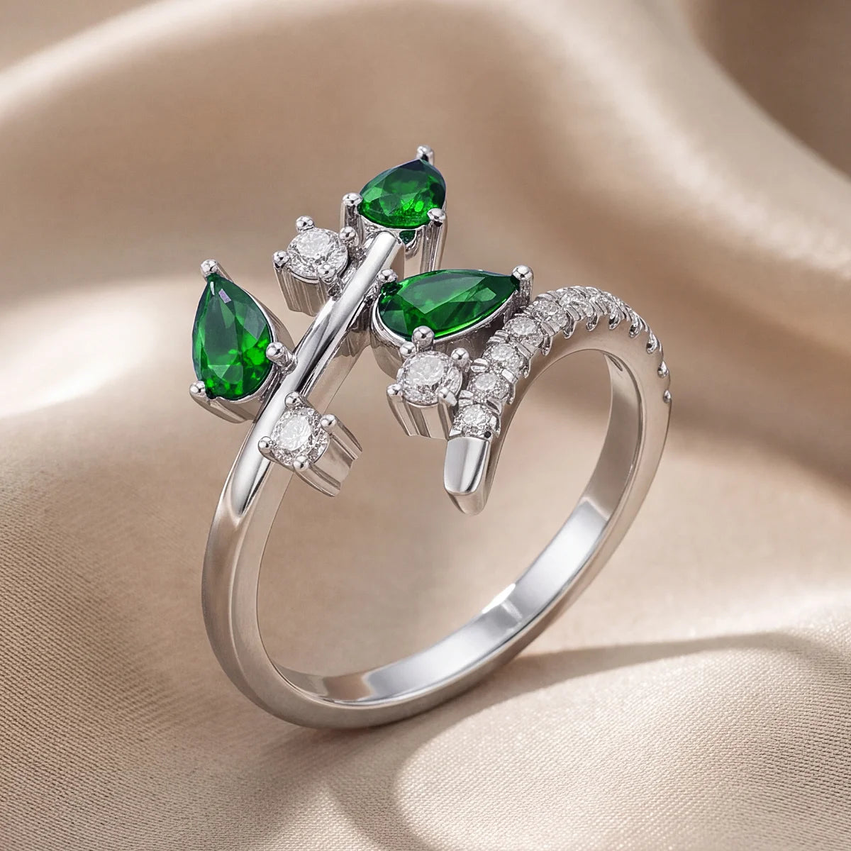 0.73 CT Pear Green Emerald Bypass Ring