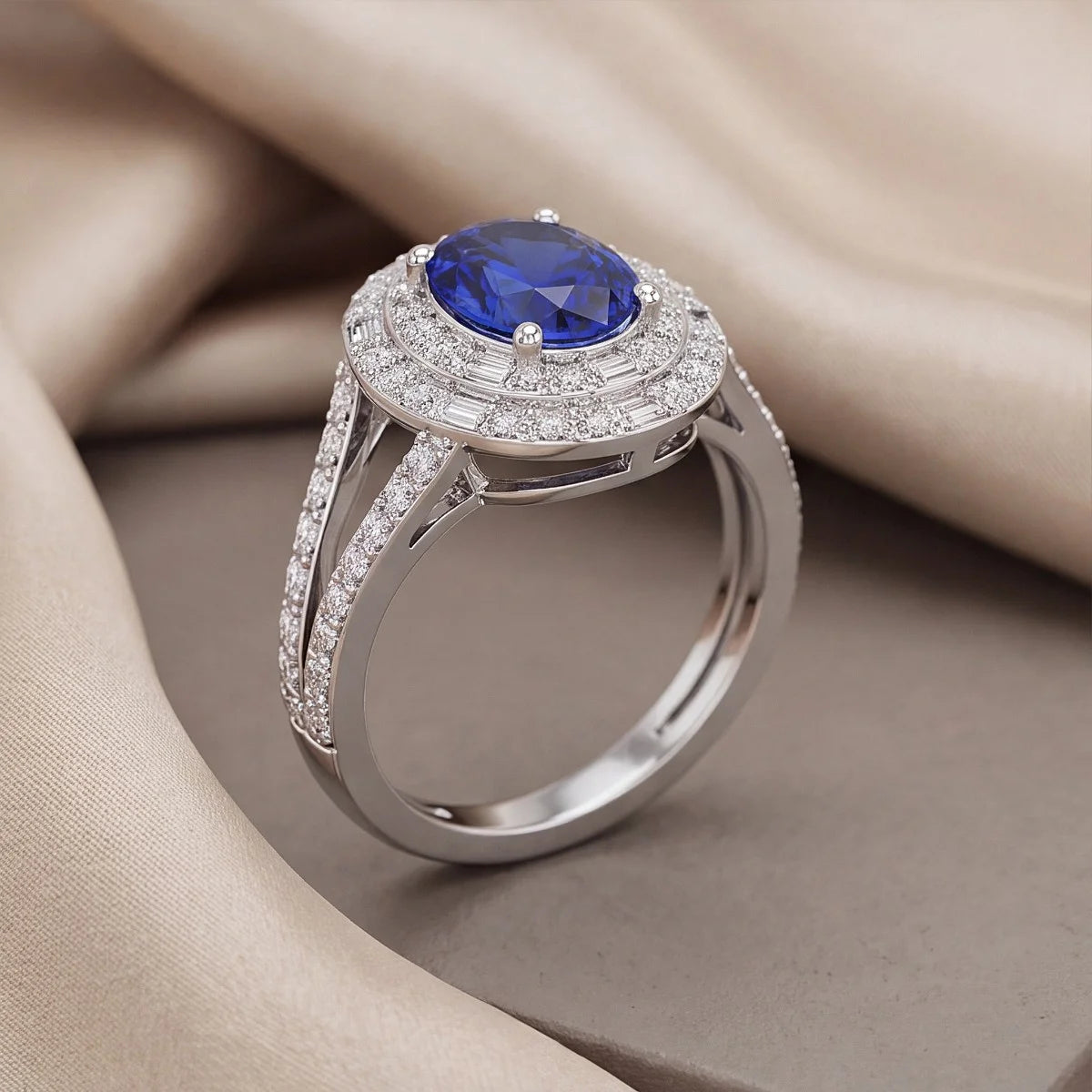 3 CT Oval Sapphire & Baguette Diamond Double Halo Ring