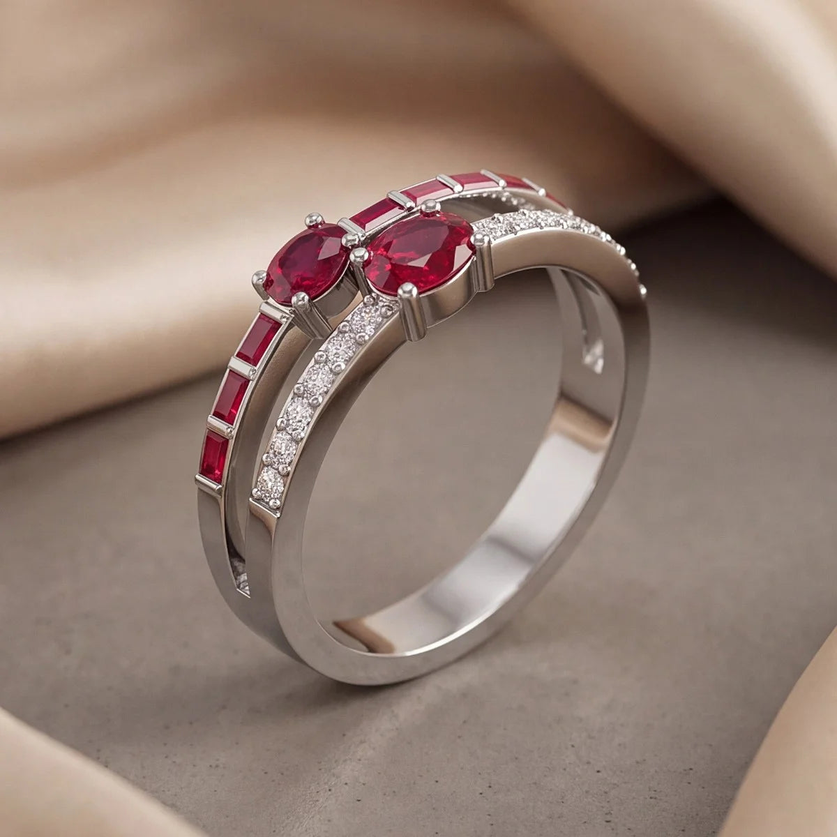 2.07 CT Oval Ruby Two-Stone Baguette Diamond Channel Ring