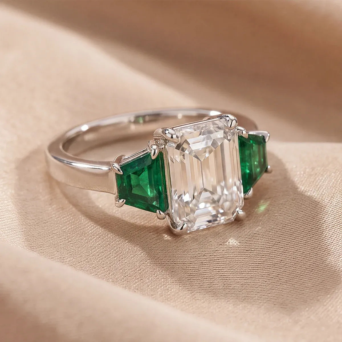 2.70 CT Emerald-cut & Taper Green Emerald Three Stone Ring