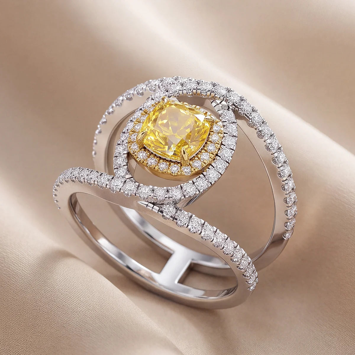 1.8 CT Yellow Cushion Double Halo Triple-Row Ring