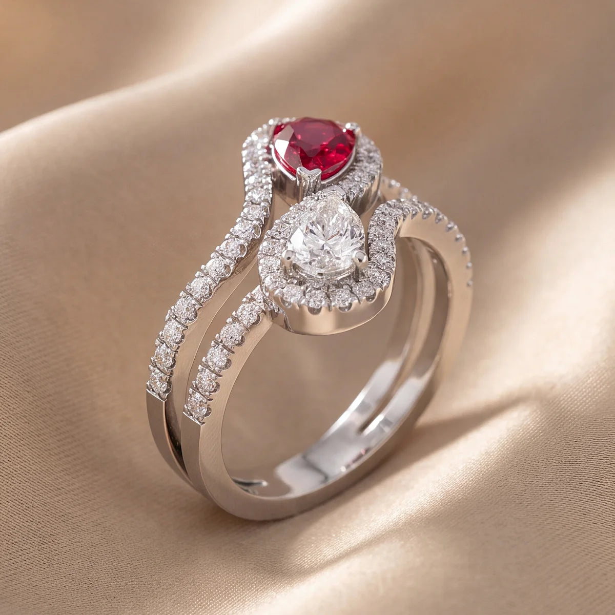 1.87 CT Pear Ruby Halo Bypass Ring