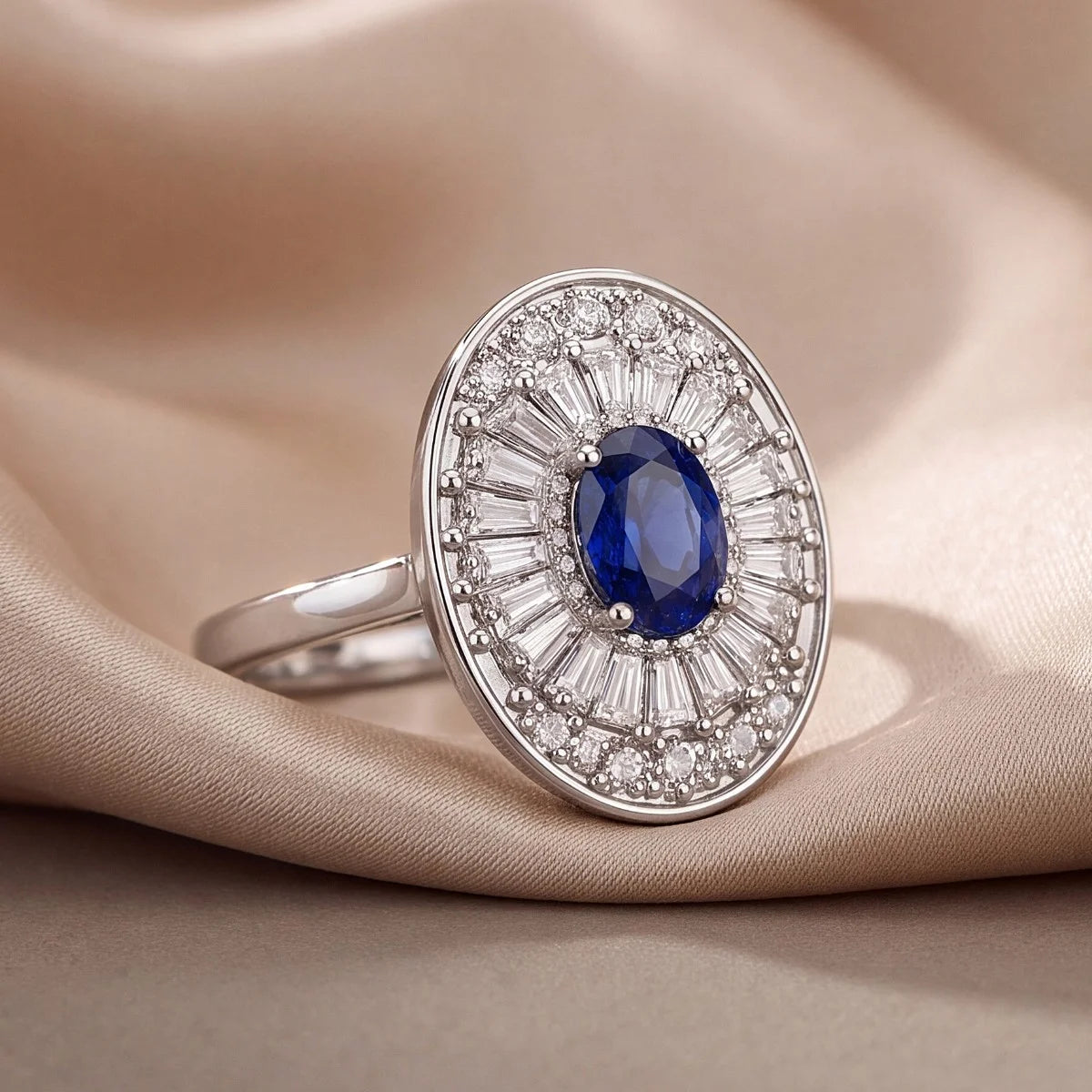 1.39 CT Oval Sapphire & Taper Diamond Halo Ring