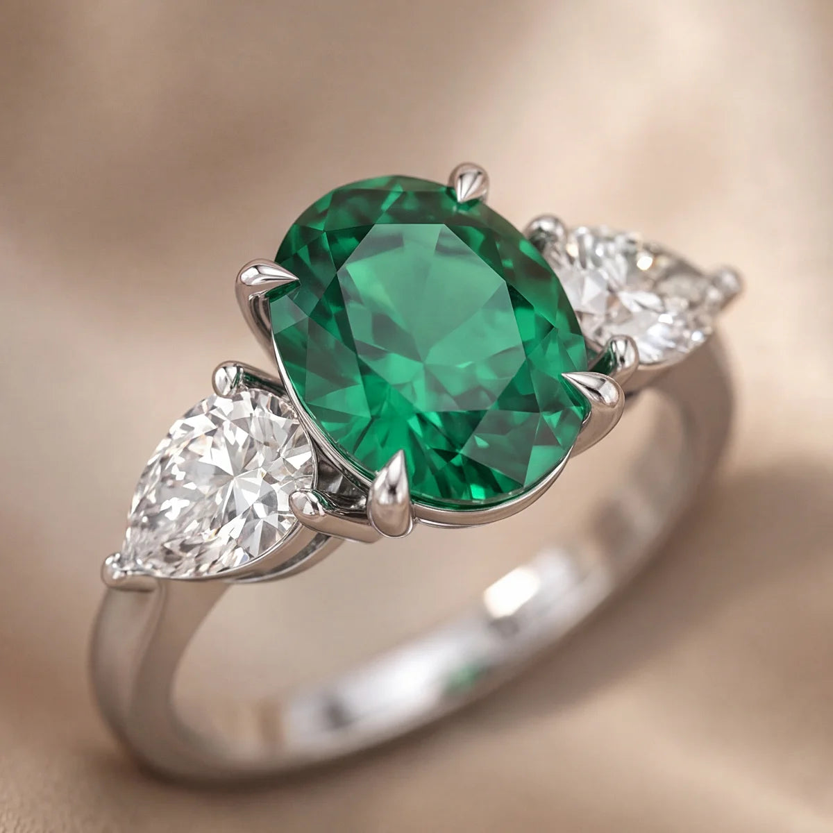 2.80 CT Oval Green Emerald & Pear Three Stone Ring