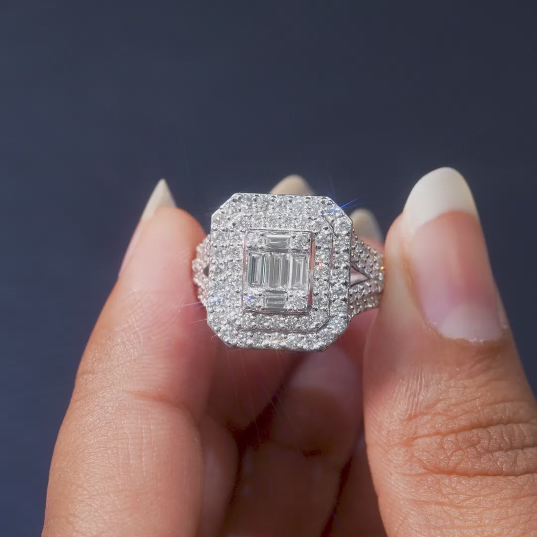 1.79 CT Baguette Cut Cluster Double Halo Ring