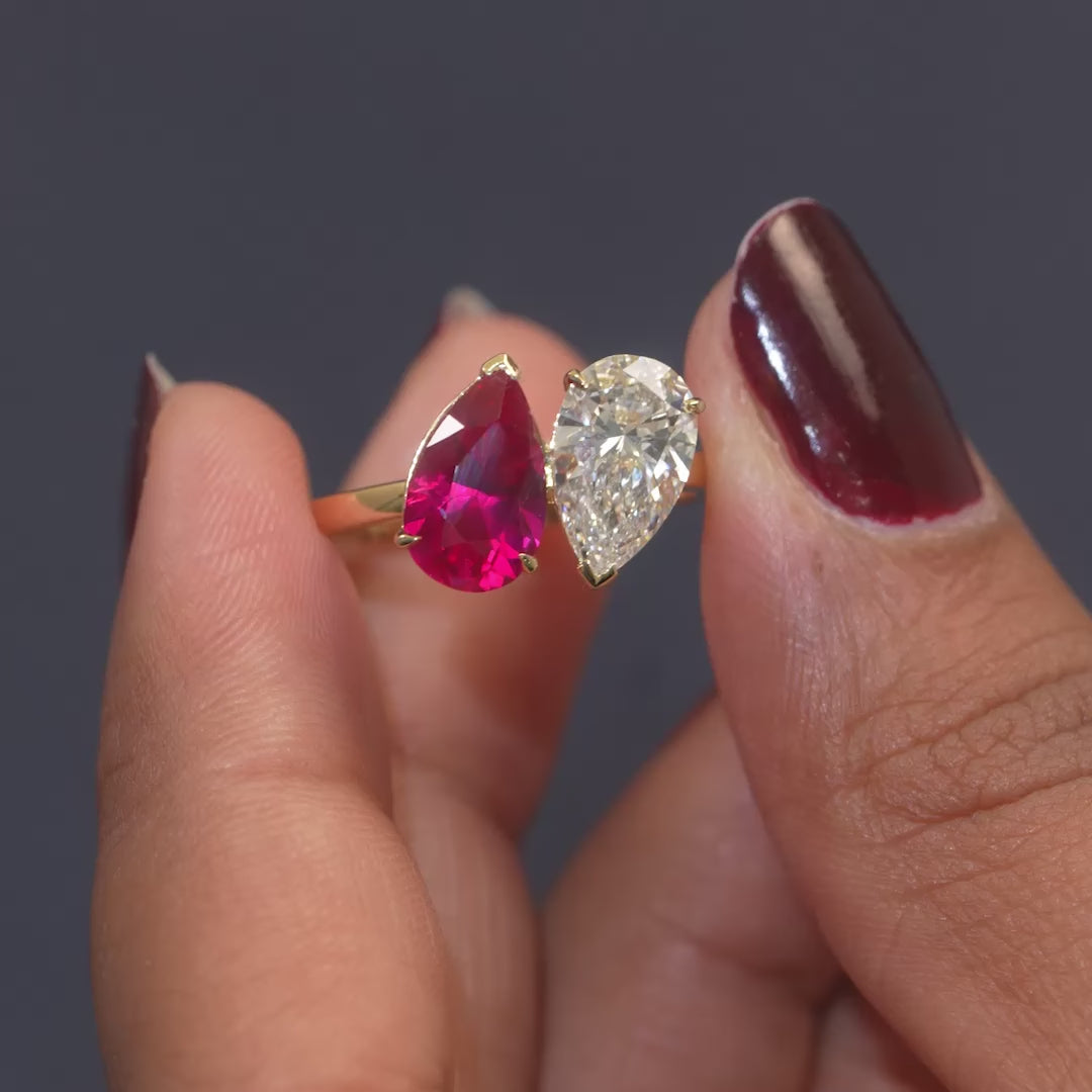 3 CT Pear Ruby & Diamond Two Stone Ring