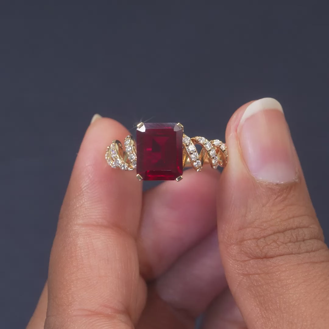 4.26 CT Emerald-Cut Ruby Diamond Twist Ring