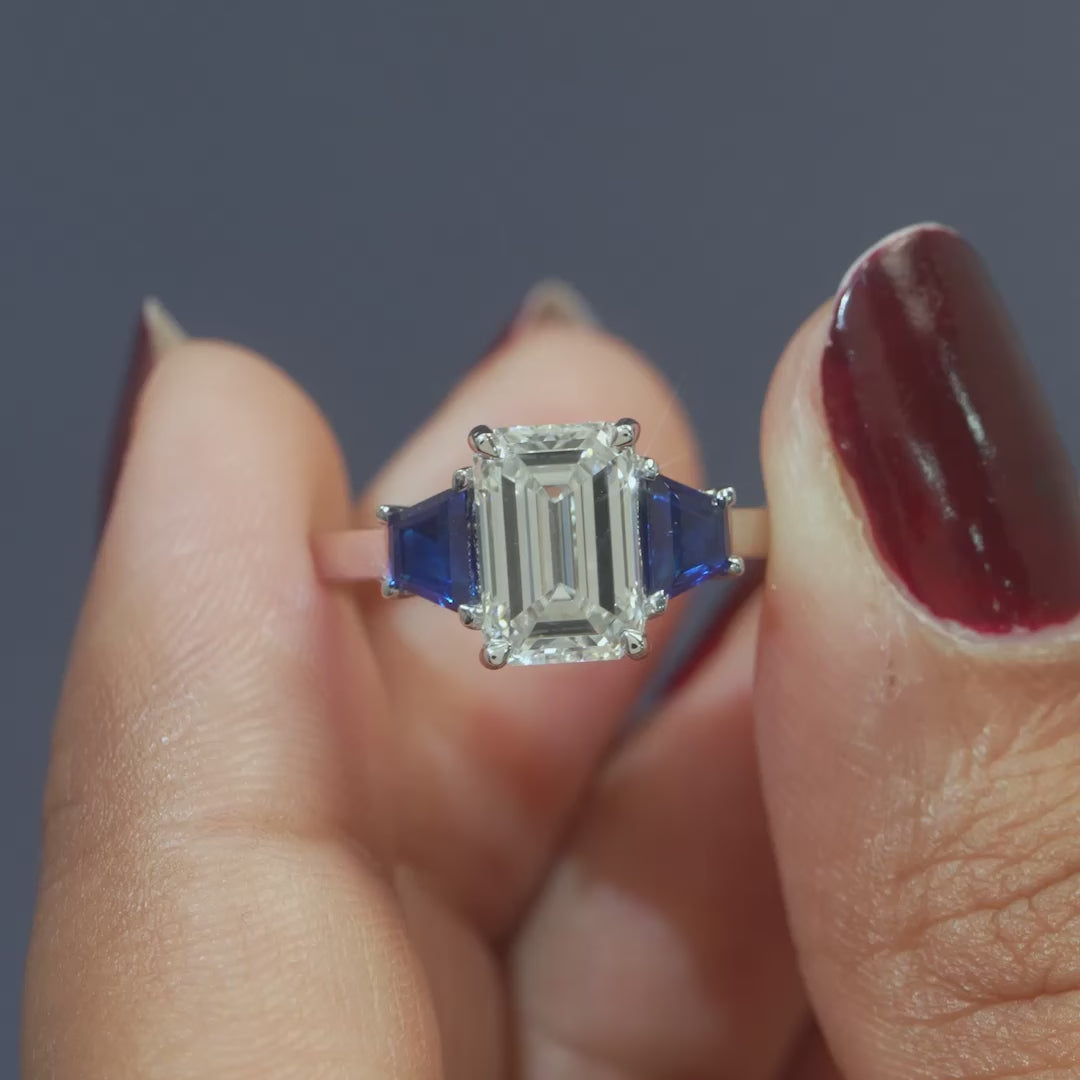 2.71 CT Emerald Cut & Taper Sapphire Three Stone Ring