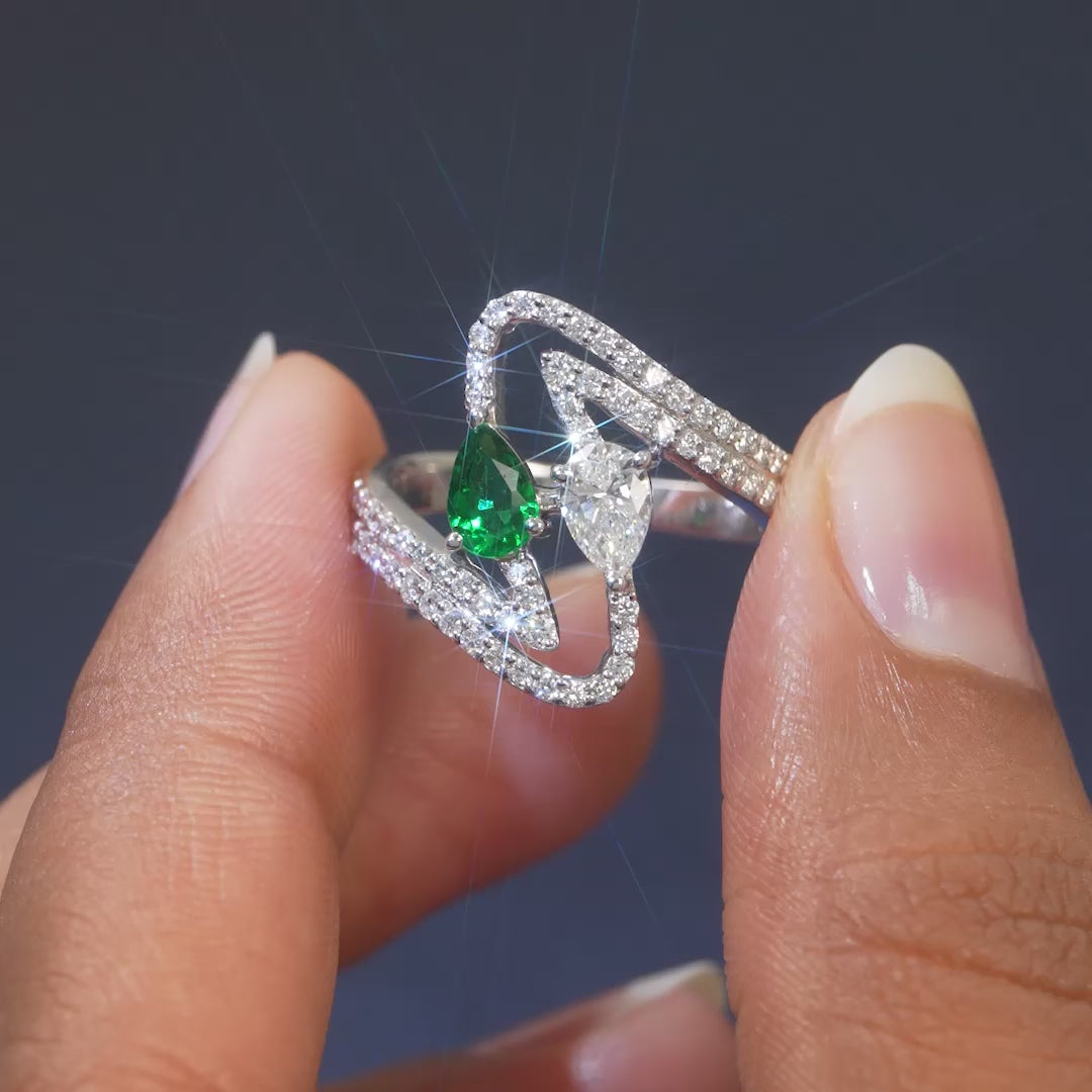 1.3 CT Pear Cut Bypass Ring with Green Emerald
