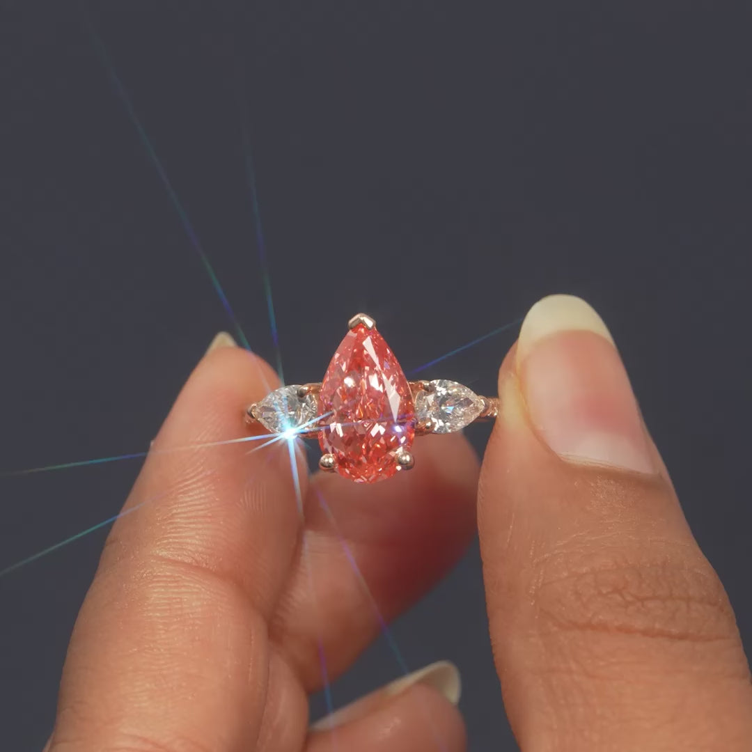 3.78 CT Pear Cut Orange-Pink Three Stone Pave Band Ring