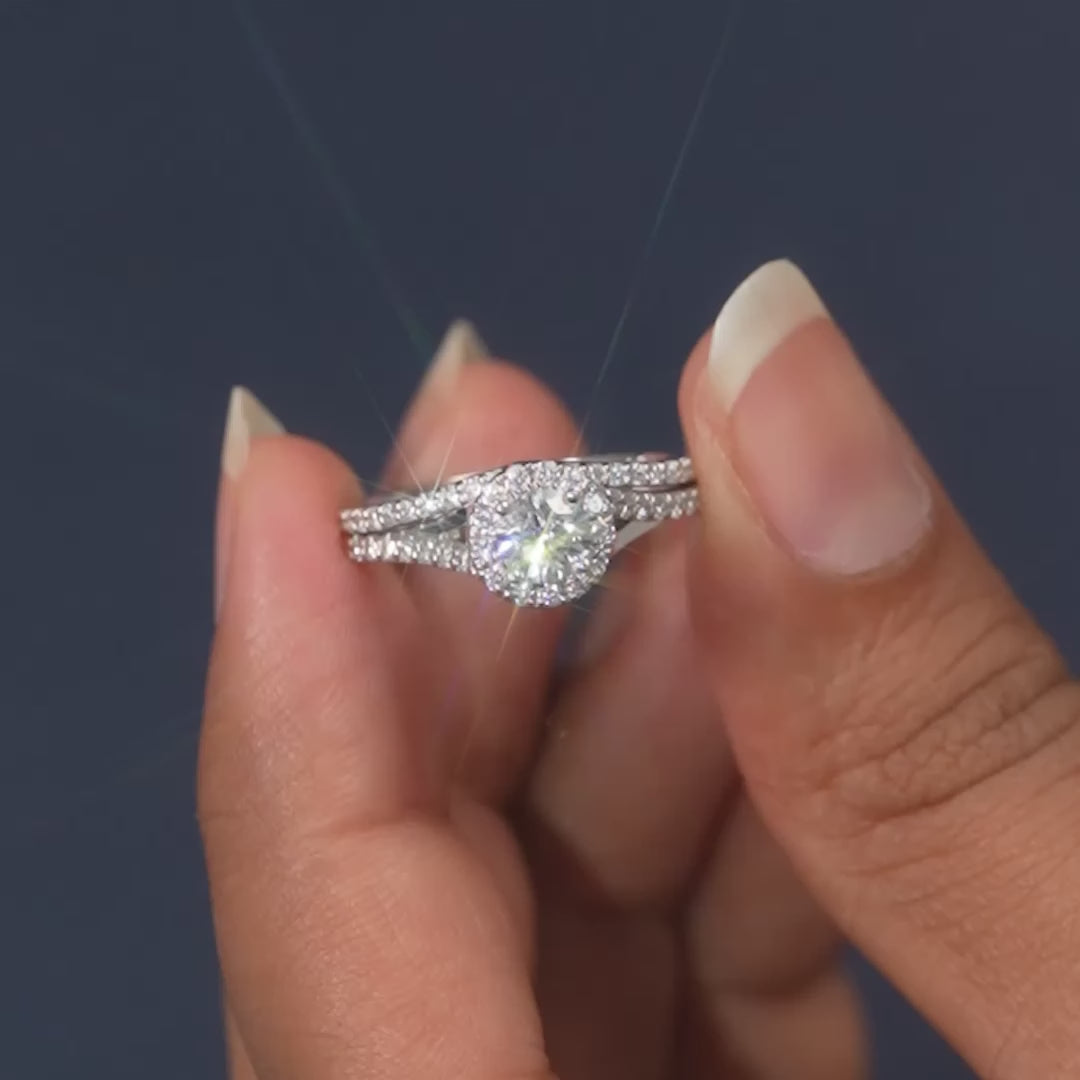 1.08 CT Round Halo Pavé Band Twin Ring