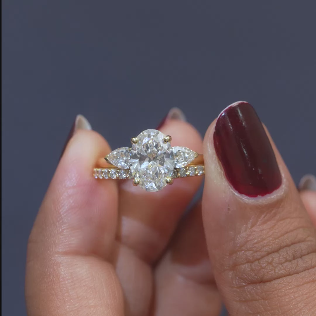 2.80 CT Oval & Pear Three-Stone Pavé Ring