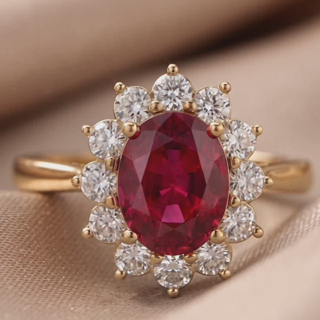 2.83 CT Oval Ruby & Round Diamond Halo Ring