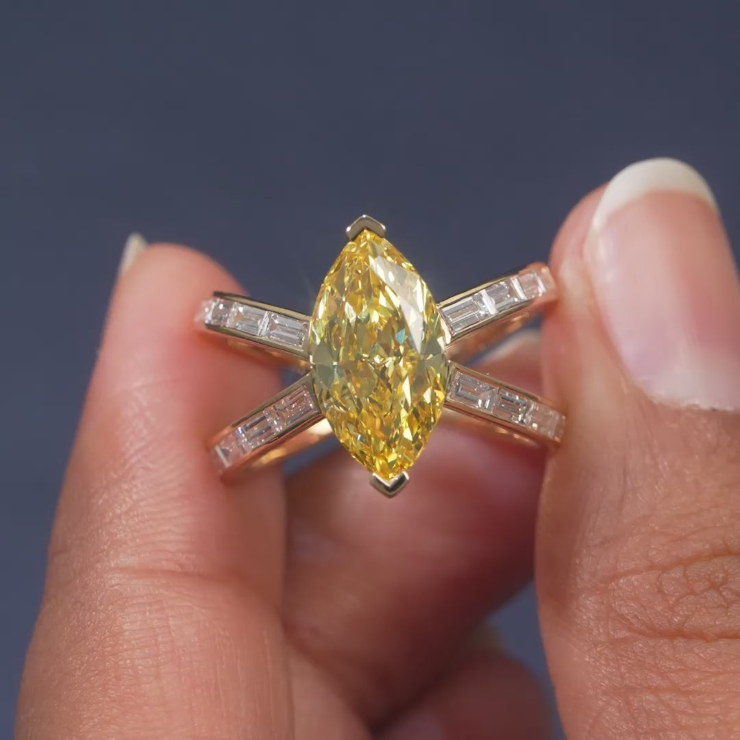 4.72 CT Yellow Marquise Diamond Baguette Double Band Ring