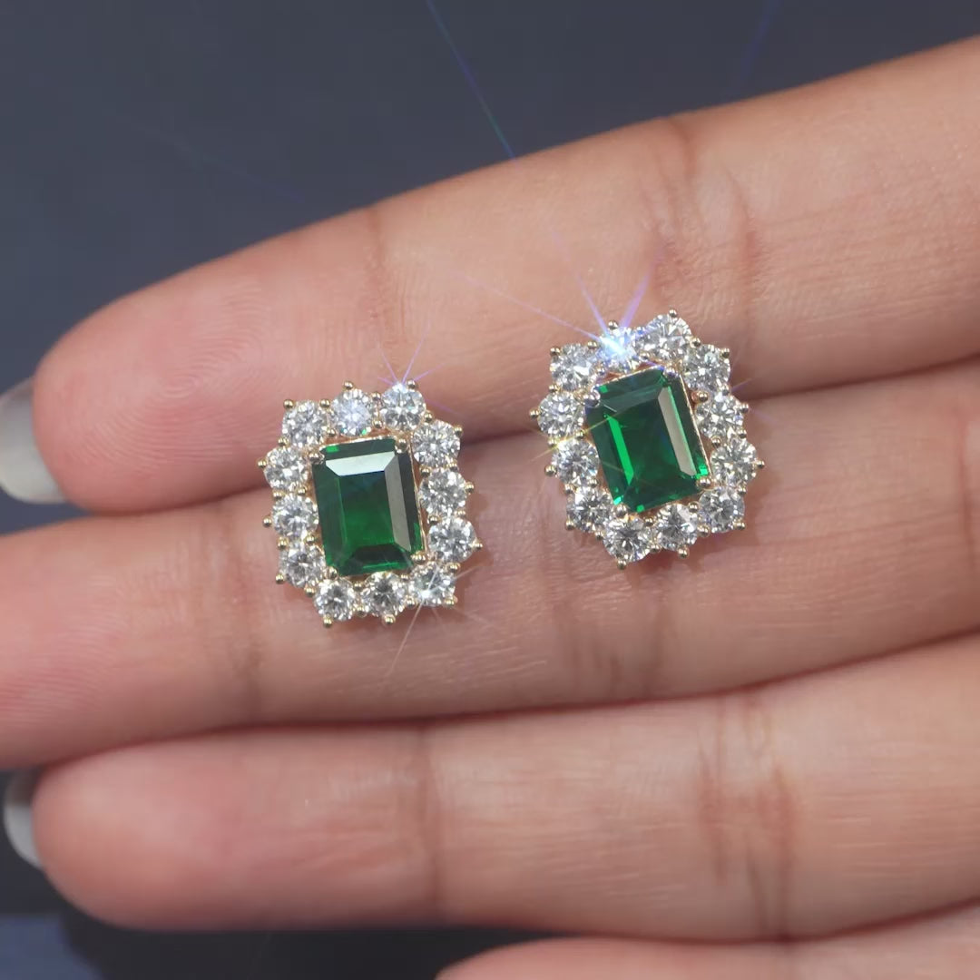 5.06 CT Emerald & Diamond Sunburst Halo Stud Earrings