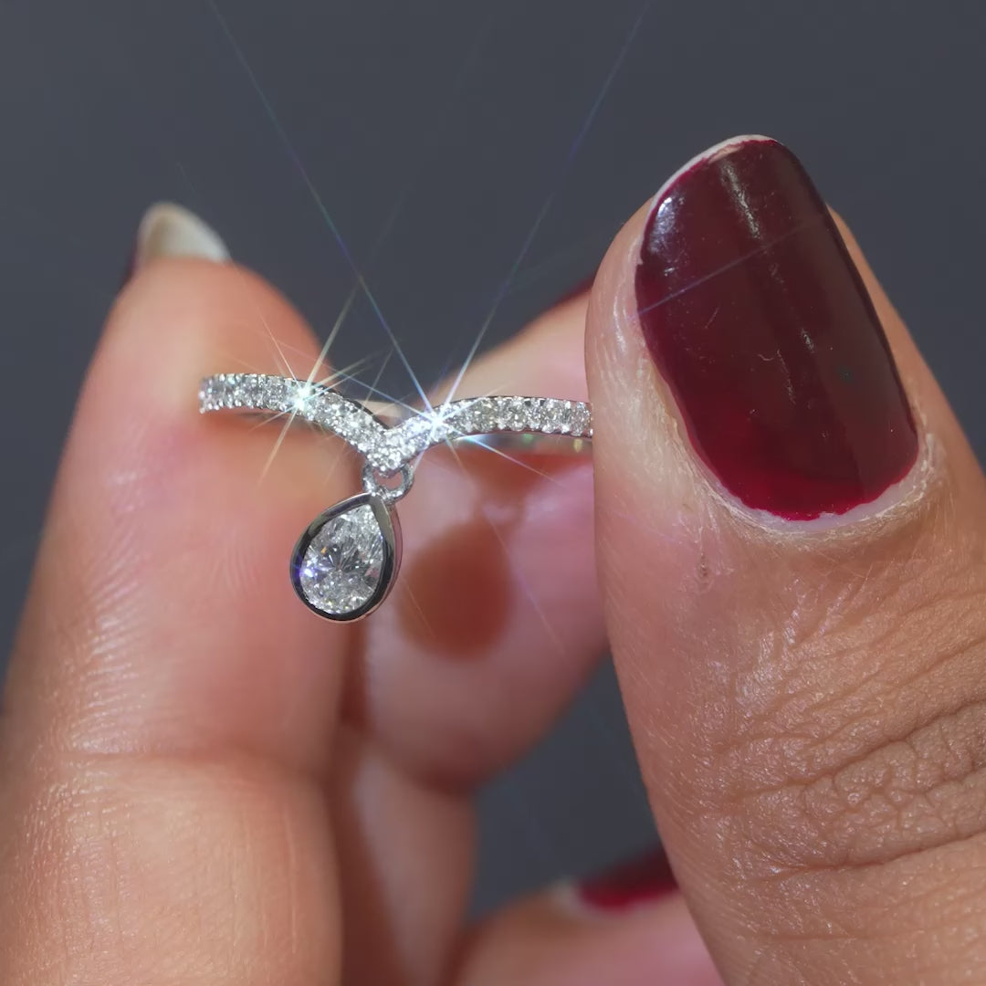 0.40 CT Chevron Pavé Ring with Dangling Pear Drop