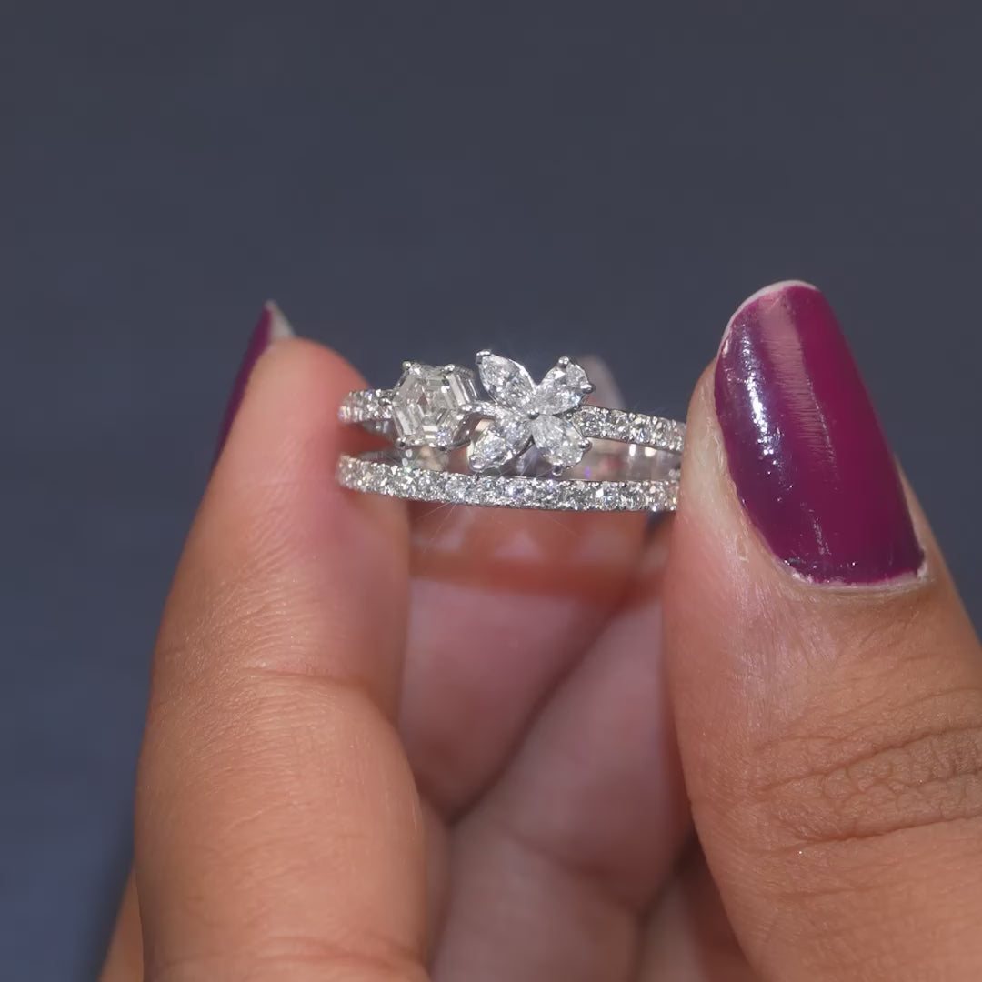1.11 CT Hexagon & Floral Cluster Split-Shank Ring