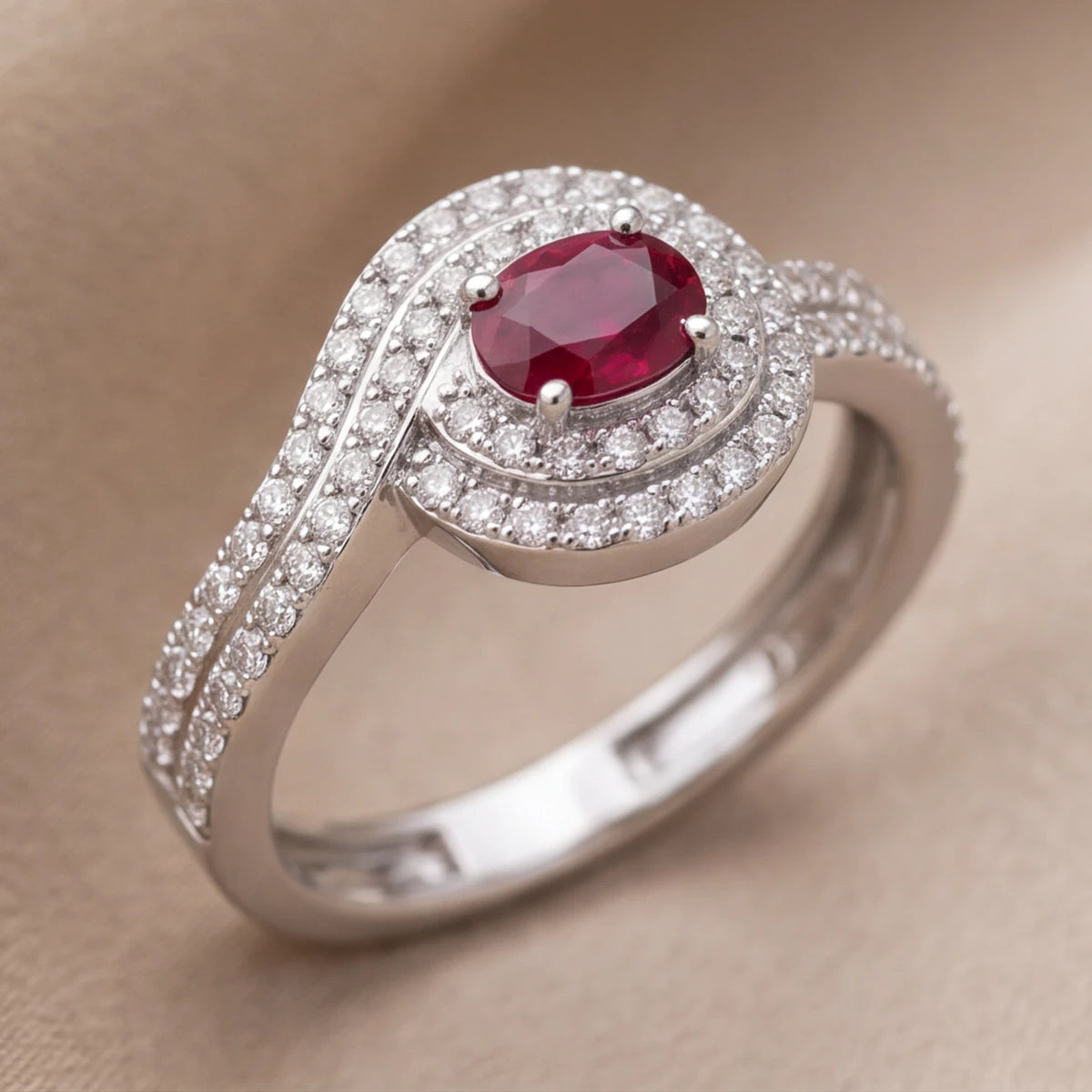 1.11 CT Oval Ruby Halo Crossover Ring