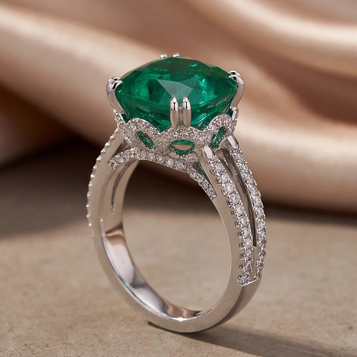 5.89 CT Cushion Green Stone Solitaire Ring
