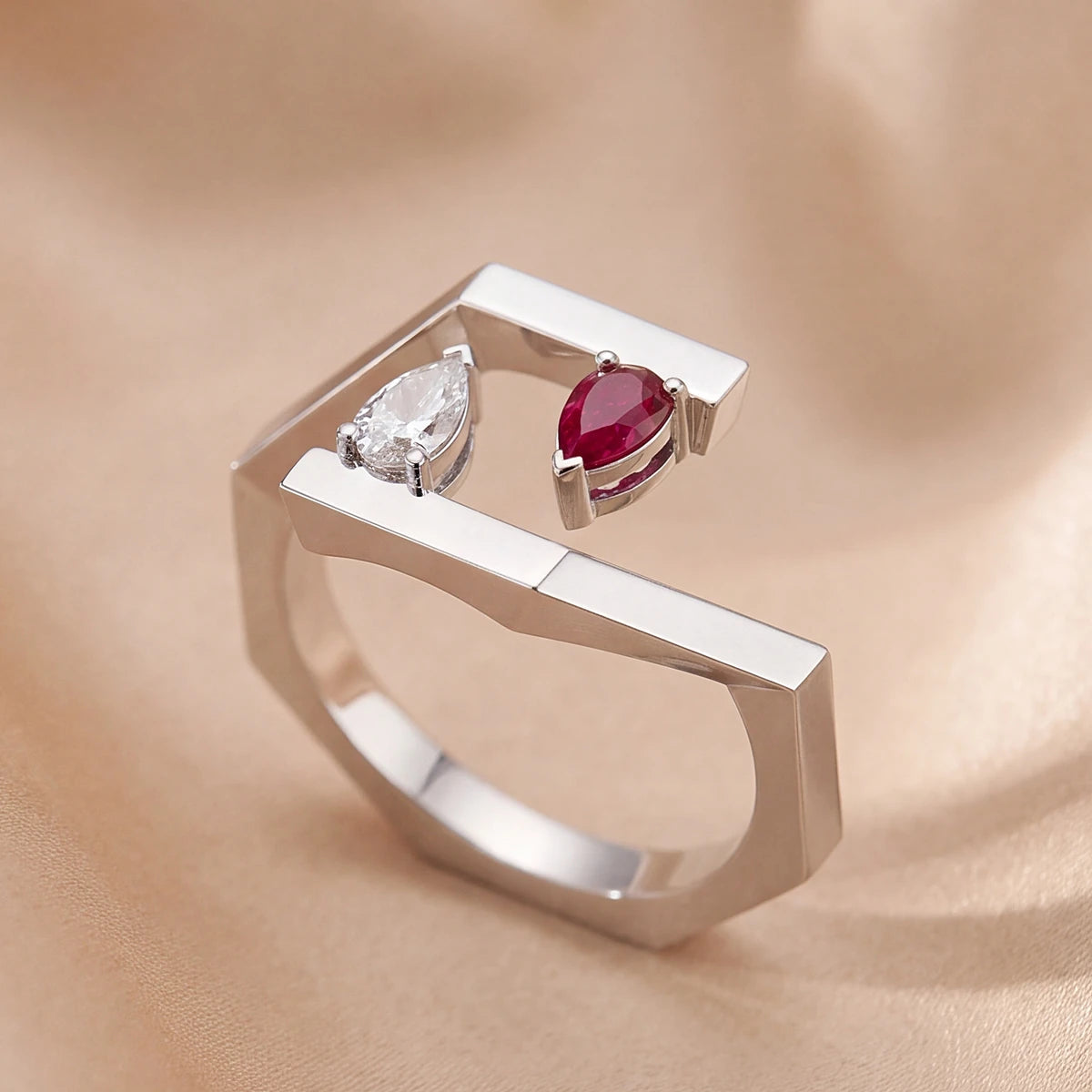 0.32 CT Pear Diamond & Ruby Architectural Open Ring