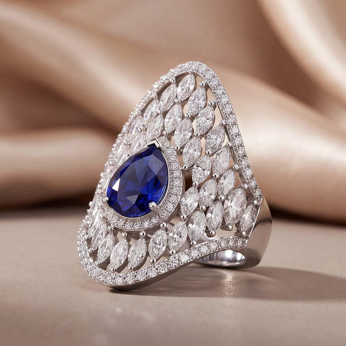 5.43 CT Pear Sapphire & Marquise Statement Cocktail Ring