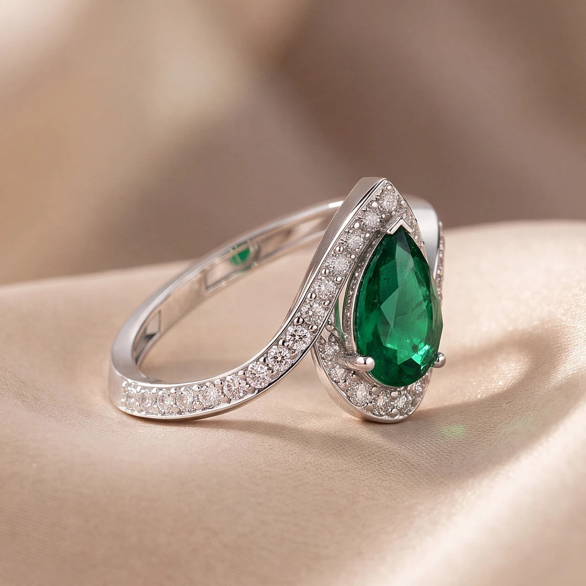 2.68 CT Pear Green Emerald Halo Bypass Ring