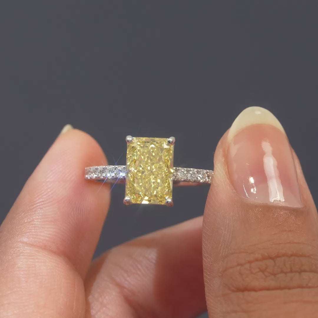 2.94 CT Radiant Cut Yellow Diamond Solitaire Pavé Ring