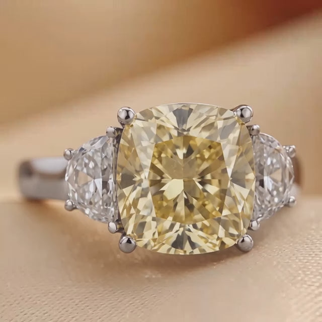 8 CT Yellow Cushion & Half Moon Three Stone Ring